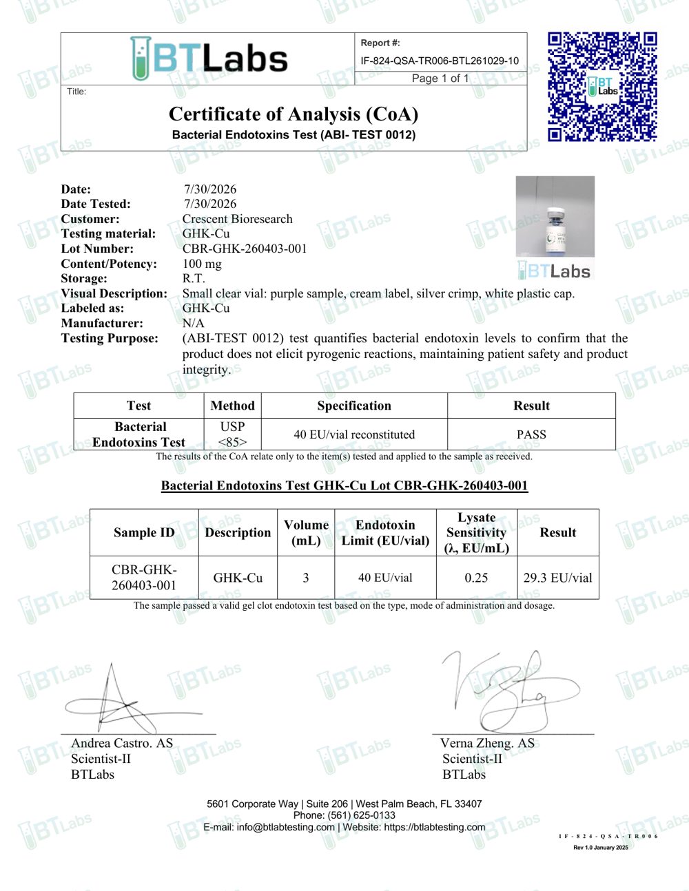 Bacterial endotoxins test page of the certificate for GHK-Cu lot CBR-GHK-260403-001, showing the limit, lysate sensitivity and the result of 29.3 EU per vial